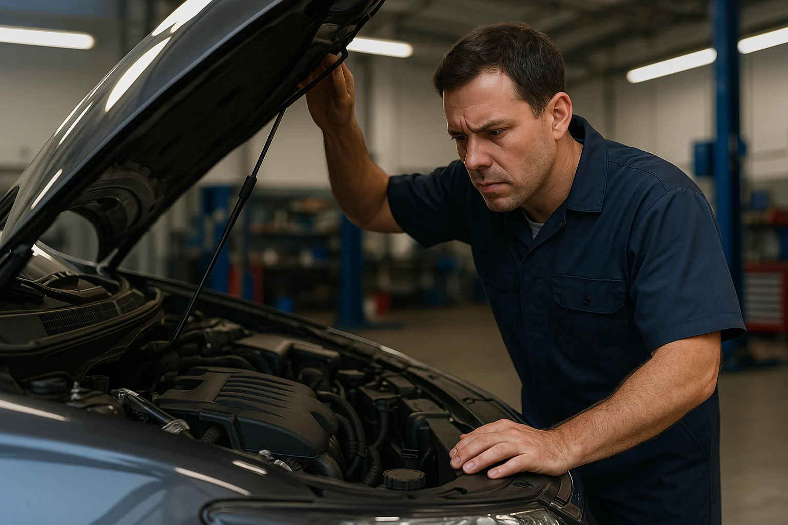 Mechanic inspecting engine